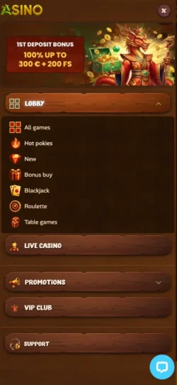 Asino Casino Mobile Version Menu