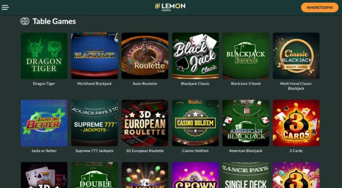 Lemon Casino Table Games